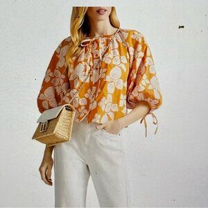 Ted Baker (2) Orange & White Floral Madia Puff Sleeve Cropped Button Frnt Blouse